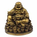 Petrichor Resin Fengshui Figurine Laughing Buddha Sitting on Luck Money Coins Carrying Golden Ingot for Good Luck & Happiness (5 Inches,Gold, 1 Piece) - Home Deocration Gifting (Made in India)