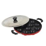 Kd Zone Red, Black Aluminium 12 Cavities Non Stick Appam Patra With Lid Oil Brush And Side Handle