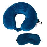 Destinio Neck Pillow and Eye Mask Set - Memory Foam, Washable Cover (Solid Dark Blue)