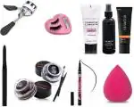 KA CAYLA Eyebrow colors, eye curler, kajal, gel eyeliner, foundation, fixer, primer, beauty blender puff Bonjour (9 Items in the set)