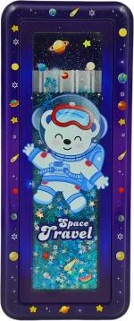 POKSI Space Theme Pencil Box filled with Fancy Water Glitters for Kids| Space Theme Art Metal Pencil Box l Set of 1 Blue