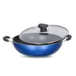 NAVRANG NONSTICK ALUMINIUM KADAI 200MM WITH GLASS LID, NON INDUCTION,BLUE