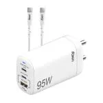 Foxin 95W GaN Fast Charging Triple Port Adapter | SuperVOOC | Dual PD Type-C & USB-A QC | for iPhone 14/14 Plus/14 Pro/14 Pro Max, MacBook Pro, Samsung PPS Devices & All USB Mobile Devices | Includes E-marker Chip 2 Mtr.100W Cable | White (FPA -650 )