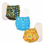 Deedry Oeko-Tex Certified Washable & Reusable Diapers with Adjustable Snap Buttons (One Size Perfect Fit), comes with Absorbent Inserts/Pads- (3Months- 3Years) (1 Blue + 2 Print Diaper)