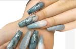 Secret Lives Acrylic Designer Long Artificial Extension Blueish Grey Marble Design Silver Blueish Grey Glittery Fake Nails Design 24 pcs Set with Manicure Kit