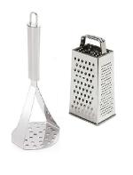 First Front Stainless Steel Big Potato Masher With Stainless Steel 4 in 1 Grater and Multicolour, (Pack of 2)
