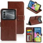 Tingtong Leather Flip with Wallet Case with TPU Shockproof Cover for Tecno Spark 8 Pro (Brown)