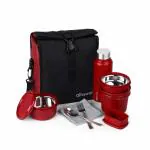SOPL-OLIVEWARE Teso Elite Pro Lunch Box with Steel Cutlery, Microwave Safe, 3 Steel Containers(290ml, 450ml & 600ml), Plastic Pickle Box (130ml), Steel Bottle(750ml) - Maroon