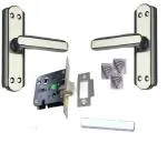 OJASS LOCKS Steel Premium Range Bathroom Door Lock Mortise Door Handle with Baby Latch Lock Black Silver Finish Keyless | Bathroom Lock Pack of 1 Set ( BL+ S05BBS )