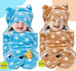 Pandaoriginals Star Blue, Brown Cotton Bath Towels for Baby Boys and Girls (30 x 35 inch) Pack of 2