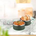 Aatisons Stainless Steel Insulated Double Layer Lunch Box with Spoon, Handle & Lock Lid | 300 ML Each | Microwave Safe