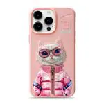 TREEMODA Nimmy Embroidered Cat Series Leather Pink Back Case Compatible for iPhone 15 Pro Max.