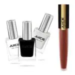 JUICE | NAIL PAINT (DOVE - 2 / RICH BLACK - 49 / COTTON WHITE - 50) & LIPTINT (BUTTERED RUM M-72) | WATERPROOF & LONG LASTING | COMBO OF 4