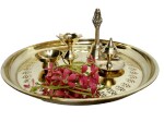 RTWARE Pure Brass Pooja Thali Set I Puja Thali Set (10 Inches, Set of 5 Pieces) for Aarti, Festival, Home, Temple, Mandir, Diwali Gift