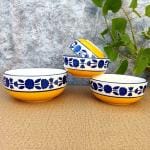 ARDVAN INDIA Studio Pottery Ceramic Dinner Serving Casserole Stackable Donga Bowl Set Set of 4, Yellow Blue; Volume 1200 ml, 650 ml, 450 ml, 300 ml