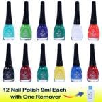 OLA Multicolor 9ml X 12 Pieces Nail Polish Set with 1 Nail Remover. Disco Colour Long Lasting Nail Paint Multi Color Combo.