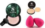 SUNISA BB and CC Cream Foundation With Mushroom Head Air Cushion 20g and 1 Studio Fix Compact Powder with 2 Pink Beauty Blenders - (Pack of 5)