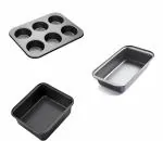 RefineMart Cake Making Set - Combo Carbon Steel Cake Baking for Microwave OTG Oven and Dishwasher Safe | 6 Cavity Muffin Tray | Rectangle Cake Tin | Bread Loaf Mould (Set of 3)