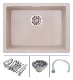 Zinzer Granular Ivory Quartz Kitchen Single Bowl Model Kitchen Sink With Drain Coupling, Basket, Drain Pipe And Installation Template, 24 X 18 X 8 Inch