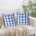 Lushomes Square Cushion Cover with Pom Pom, Big Checks, Blue and White Checks, (Pack of 2,50x50Cms)