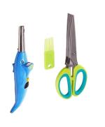 First Front Dolphine Shape Electric Gas Lighter With Stainless Steel 5 Blade Scissor Vegetable Herb Scissor and Multicolour, Pack of 2