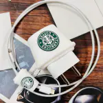 Sunny Fashion Silicone Cartoon iPhone Charger Case Cover for 18-20W Chargers - Starbucks Coffee White (with Wire Cover)