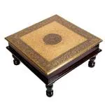 Mansi Enterprises Square Shape Wood Chowki | Brass Work Pooja Bajot Stool | Home Decor Sitting Table (Goldcolor_18 X 18 X 6 Inches)