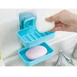 KATHIYAWADI Plastic Wall Storage Double Layer Soap Stand Holder Wall Mounted Shower Soap Stand for Bathroom and Kitchen with Magic Sticker (1)