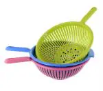 Kuber Industries Blue, Green, Pink Plastic Colander With Long Handle (Pack Of 3)