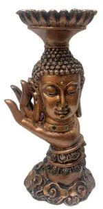 HINDUSTAN HEALTH & WELLNESS SOLUTION - Polystone Copper Look Hand Buddha Tea Light Head Meditating Statue for Home & Office Decor Showpiece |Size10.5 x 5 Inch| Brown