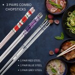 Hichaki 3 Pairs Steel Blue & Red & Grey Chopsticks Set- Lightweight, Dishwasher Safe, Reusable