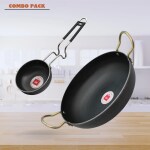 LAZYwindow Traditional Iron Tadka Pan with Grip type Handle And Deep Bottom Kadhai Combo Pack (Base Black)