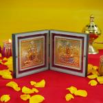 pujaNpujari Gold Plated Lakshmi and Ganesh Photo Frame with Shubh Labh Charan Paduka for Pooja Room, Return Pooja Gift Box Set