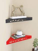 Home Sparkle Black Red Wooden Triangular Corner Wall Shelves For Living Room (Set of 2) 41X29X5.5 cm