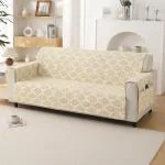 HOKIPO Polyester 3 Seater Quilted Sofa Cover with Pockets, Ogee Ivory (IN-742-D6)