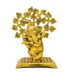 Style Homez TVASHTR ART, Flute Playing Lord Ganesha in front of AAK Tree Gold Plated Metal Statue Décor, Antique Finish Decorative Showpiece
