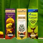Sugandh Lok Premier Collections - Southern Symphony | 100% Natural Incense Sticks (Bundle Pack of 3) I Fragrance - Mysore Kasturi / Bangalore special /Deluxe Sandal I Recycled Temple Flowers | Hand-crafted | 75 years of craftmanship| Non-irritant smoke