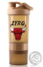 Zyro Bulls Gym Shaker Bottle with 2 Storage Compartments - Shaker for Protein Shakes and Gym Workouts, BCAAs & BPA Free, 500 ml Shaker bottle (Color-Brown, Plastic, Pack of 1)
