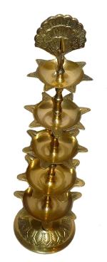 KALARAMBH Brass Peacock Big Ganga Aarti Diya 5 Step for Home Pooja Puja Mandir Temple Decor Collectible Handicraft Art, Yellow, 3.2 x 3.2 x 12.8 Inch (L x W x H)
