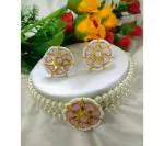 Gyaan Jewels Handmade Gold Plated Alloy Earring and Necklace Set Pink, White (Women) Free Size