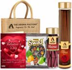 The Aroma Factory Happy Valentine's Day Gift Hamper Set (Swad Mix 25 Candy, Incense Rose Agarbatti, Rose Dhoopcone, Greeting Card, Jute Bag) Gift Item for Your Valentine
