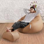 Macca Faux Leather Beige Bean Bag With Stool With Beans - X-Large (Set Of 2)