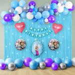 SpecialYou.in Frozen Theme Happy Birthday Decoration Kit for Girls with Blue Fringe Curtains, Fairy Lights, Blue, White, Silver, Purple Balloons and Frozen Foil Balloon Set- Set of 67 Items