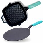 Gemma Black Cast Iron Non Stick Roti Tawa and Grill Pan Combo Set of 2
