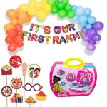 Festiko Set of 37 Pcs It's Our First Rakhi Combo (Banner, Balloons, Photobooth Props, Doctor Set Toy Doll), Raksha Bandhan Decoration Combo