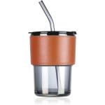 MUAC Glass Tumbler With Lid, Straw And Protective Anti-slip Leather Sleeve For Hot And Cold Beverages Tea Coffee Travel Mug Smoothies Fruit Juice (435ml, 1 Piece) (Grey)