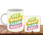 Whats Your Kick Eat Beach Sleep Repeat Printed White Ceramic Coffee Mug with Desky 325 ML
