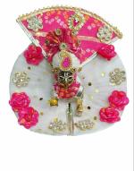 Ladduji.com Handmade dress | Kanha ji Poshak| Laddu Gopal Designer Dress | White Dress with Majenta flowers & Stone Booti | Matching designer Pagdi |Patka| Attached Choli |Size 4 | 8 Inches