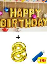 Festiko 8th Birthday Decorations Items (Happy Birthday Foil Balloon Pack Of 13 Letters, Gold, Number 8 Foil Balloons With Balloons Pump)