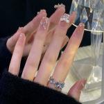 Secret Lives Acrylic Designer Artificial Extension Nude Color White Pearls and Silver Glitter 3D Bow Fake Nails Design 24 pcs Set with Glue Sheet